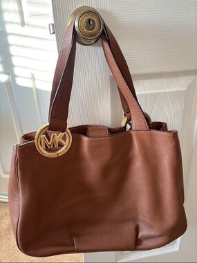 Michael Kors Chestnut Brown Leather Shoulder Tote with Gold MK Charm